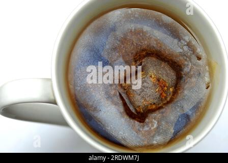 The fruit tea bag and tannins that are released on the surface of the aromatic tea in the tea cup Stock Photo