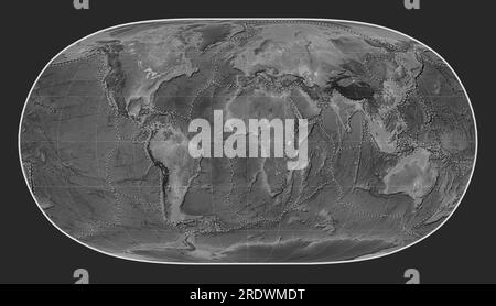 Tectonic plate boundaries on the world grayscale elevation map in the Natural Earth II projection centered on the prime meridian Stock Photo