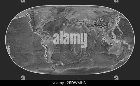 Locations of earthquakes above 6.5 magnitude recorded since the early 17th century on the world grayscale elevation map in the Natural Earth II projec Stock Photo