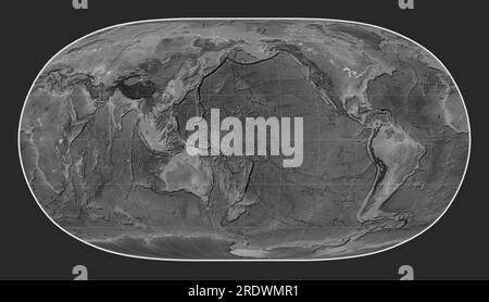 World grayscale elevation map in the Natural Earth II projection centered on the date line Stock Photo