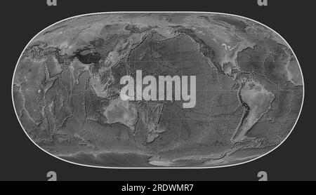 Tectonic plate boundaries on the world grayscale elevation map in the Natural Earth II projection centered on the date line Stock Photo