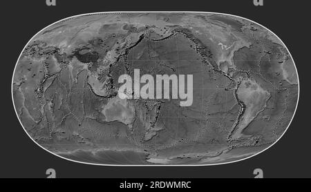 Distribution of known volcanoes on the world grayscale elevation map in the Natural Earth II projection centered on the date line Stock Photo