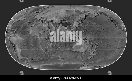 Distribution of known volcanoes on the world grayscale elevation map in the Natural Earth II projection centered on the 90th meridian east longitude Stock Photo