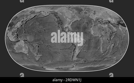 Distribution of known volcanoes on the world grayscale elevation map in the Natural Earth II projection centered on the 90th meridian west longitude Stock Photo