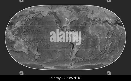 Tectonic plate boundaries on the world grayscale elevation map in the Natural Earth II projection centered on the 90th meridian west longitude Stock Photo