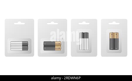 Vector 3d Realistic Two Alkaline Battery in Paper Blister and Battery Icon Set CLoseup Isolated. AA Size, Horizontal and Vertical Position. Design Stock Vector