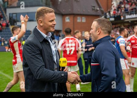 Leeds, UK. 23rd July 2023. Betfred Challenge Cup Semi Final: Hull KR v Wigan Warriors. Willie Peters, Head Coach of Hull KR, congratulated by the BBC presenter. Credit Paul Whitehurst/Alamy Live News Stock Photo