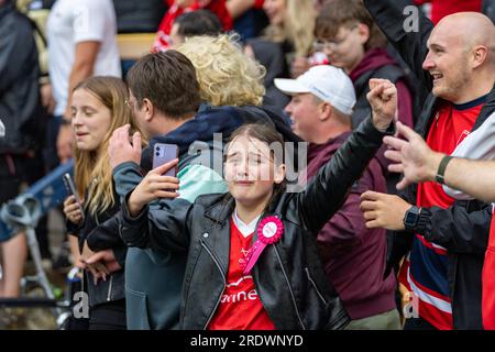 Leeds, UK. 23rd July 2023. Betfred Challenge Cup Semi Final: Hull KR v Wigan Warriors. The emotion of one of the Hull KR fans. Credit Paul Whitehurst/Alamy Live News Stock Photo