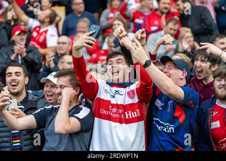 Leeds, UK. 23rd July 2023. Betfred Challenge Cup Semi Final: Hull KR v Wigan Warriors. Hull KR fans celebrate. Credit Paul Whitehurst/Alamy Live News Stock Photo