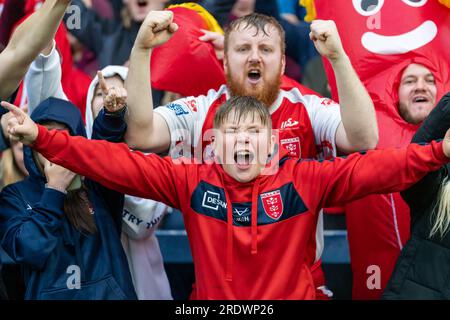 Leeds, UK. 23rd July 2023. Betfred Challenge Cup Semi Final: Hull KR v Wigan Warriors. Hull KR fans celebrate. Credit Paul Whitehurst/Alamy Live News Stock Photo