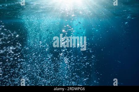 Sunlight underwater with bubbles rising to water surface and some fish in background, Mediterranean sea, France Stock Photo