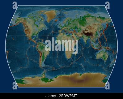 Distribution of known volcanoes on the world physical elevation map in the Times projection centered on the prime meridian Stock Photo