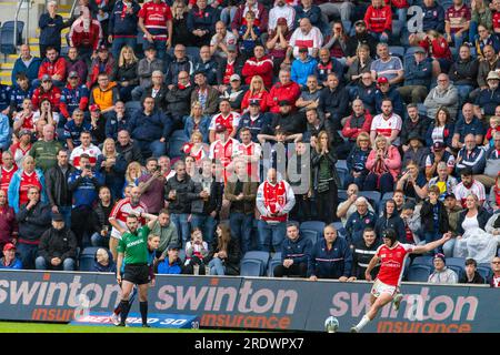 Leeds, UK. 23rd July 2023. Betfred Challenge Cup Semi Final: Hull KR v Wigan Warriors. Brad Schneider converts the try. Credit Paul Whitehurst/Alamy Live News Stock Photo