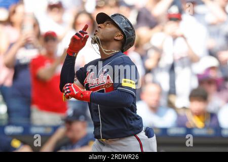 Atlanta, USA. 07th Apr, 2023. April 07, 2023: Atlanta Braves infielder Ozzie  Albies adjusts his hat while heading back to the dugout during the ninth  inning of a MLB game against the