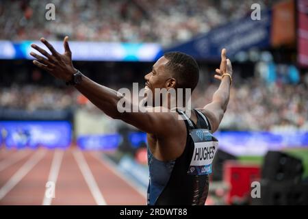 London, UK. 23rd July, 2023. Zharnel Hughes of Great Britain & NI turns to the crowd and shows his appreciation after setting a new British record and PB of 19.73 in the men's 200m at the Wanda Diamond League London Event, London Stadium on the 23rd July 2023. Photo by Gary Mitchell/Alamy Live News Stock Photo