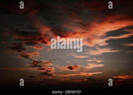 Real amazing panoramic sunrise or sunset sky with gentle colorful clouds. Long panorama Stock Photo
