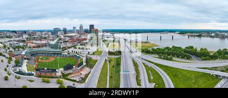 Aerial panorama Louisville Slugger Field with Ohio river and Kentucky highway system Stock Photo