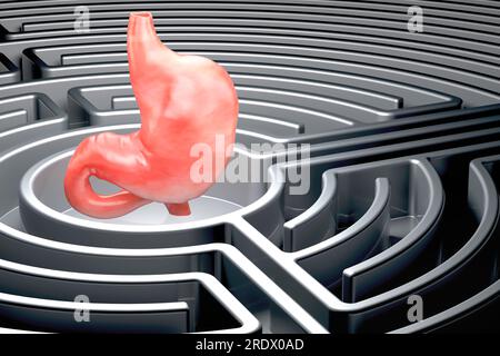 Human stomach inside dark labyrinth maze. 3D rendering Stock Photo