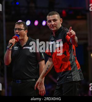 Nathan Aspinall celebrates after winning the final against Rob Cross ...