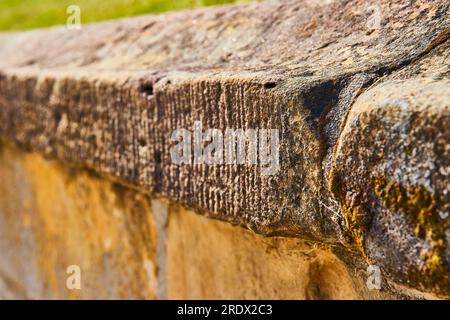 Textured ridges in concrete wall with moss growing on surface Stock Photo