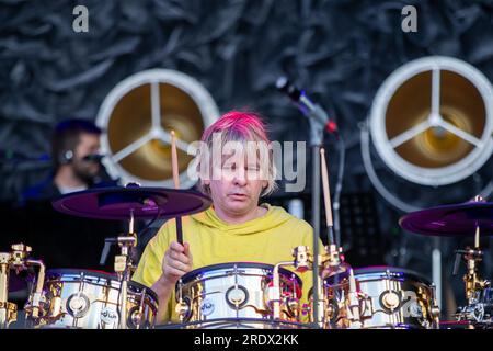Hove, UK. Sunday 23 July 2023. Zak Starkey of the English rock band The Who performs on stage at   The 1st Central County Ground  © Jason Richardson / Alamy Live News Stock Photo