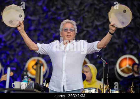 Hove, UK. Sunday 23 July 2023.  Roger Daltrey of the English rock band The Who performs on stage at   The 1st Central County Ground  © Jason Richardson / Alamy Live News Stock Photo