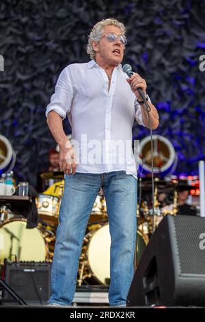 Hove, UK. Sunday 23 July 2023.  Roger Daltrey of the English rock band The Who performs on stage at   The 1st Central County Ground  © Jason Richardson / Alamy Live News Stock Photo