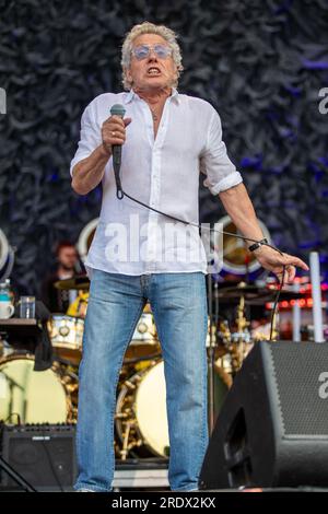 Hove, UK. Sunday 23 July 2023.  Roger Daltrey of the English rock band The Who performs on stage at   The 1st Central County Ground  © Jason Richardson / Alamy Live News Stock Photo