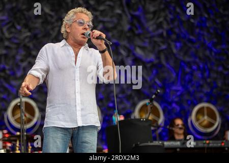 Hove, UK. Sunday 23 July 2023.  Roger Daltrey of the English rock band The Who performs on stage at   The 1st Central County Ground  © Jason Richardson / Alamy Live News Stock Photo