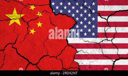 Flags of China and USA on cracked surface - politics, relationship concept Stock Photo