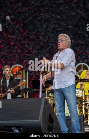 Hove, UK. Sunday 23 July 2023.  Roger Daltrey of the English rock band The Who performs on stage at   The 1st Central County Ground  © Jason Richardson / Alamy Live News Stock Photo