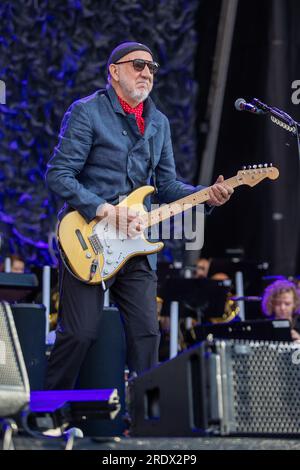 Hove, UK. Sunday 23 July 2023.  Pete Townshend of the English rock band The Who performs on stage at   The 1st Central County Ground  © Jason Richardson / Alamy Live News Stock Photo