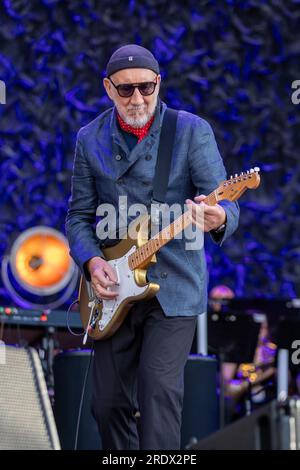 Hove, UK. Sunday 23 July 2023.  Pete Townshend of the English rock band The Who performs on stage at   The 1st Central County Ground  © Jason Richardson / Alamy Live News Stock Photo