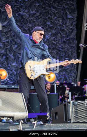 Hove, UK. Sunday 23 July 2023.  Pete Townshend of the English rock band The Who performs on stage at   The 1st Central County Ground  © Jason Richardson / Alamy Live News Stock Photo