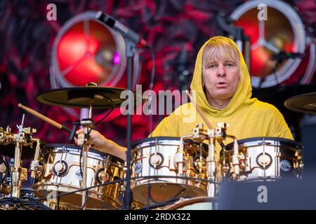 Hove, UK. Sunday 23 July 2023. Zak Starkey of the English rock band The Who performs on stage at   The 1st Central County Ground  © Jason Richardson / Alamy Live News Stock Photo