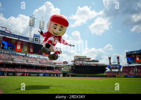 Cincinnati Reds' mascot Mr. Red dances prior to a baseball game