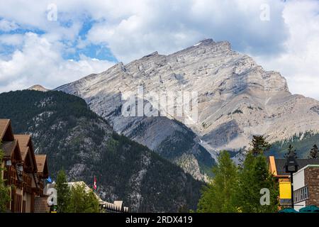Cascade Mountain as seen from the town of Banff in the Bow River Valley of Banff National Park. At 9,836 feet, it is the highest mountain in the town Stock Photo