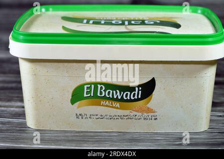 Cairo, Egypt, July 18 2023: El Bawadi Halva Traditional plain tahini halva or Halawa Tahiniya, the primary ingredients in this confection are  (tahini Stock Photo