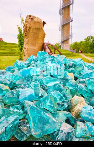 Turquoise and teal with bits of sapphire glass in a rocky pile in Aerial Foundation Park with tower Stock Photo