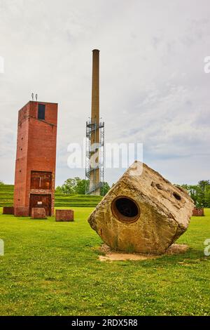 Remnants of old glass factory with busted concrete cube and abandoned freight elevator and tower Stock Photo