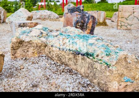 Ariel Foundation Park busted glass fused into concrete wall with charred block remnants Stock Photo