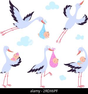 Cartoon flying storks with newborn. Bird migration, stork hold babies and fly. Cute baby shower graphic elements, birth nowaday vector characters Stock Vector