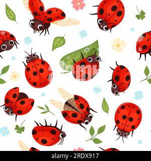 Ladybug pattern. Nature colored cartoon flying insects. Vector seamless background Stock Vector