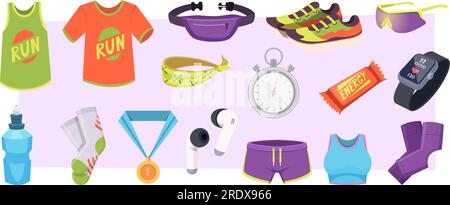 Runners items. Sport tools for runners fitness accessories for marathoners exact vector illustrations Stock Vector