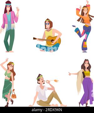 Hippie. Woodstock subculture hippie characters in various clothes exact vector cartoon people Stock Vector