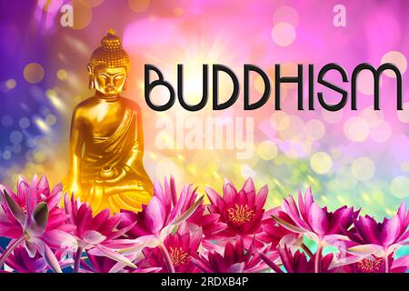 Buddha figure among lotus flowers and word Buddhism on bright background Stock Photo
