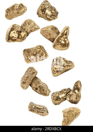 Many gold nuggets falling on white background Stock Photo - Alamy