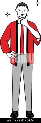 Senior man wearing a red happi coat pointing at a whiteboard with an ...