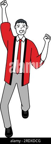 Senior man wearing a red happi coat smiling and jumping, Vector Illustration Stock Vector