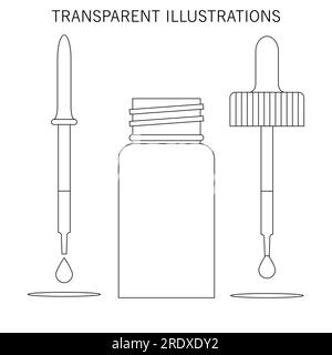 Dropper, vial bottle and pipette. Vector clipart and Illustration. Eyedropper with drop. Outline and transparent drawing. Stock Vector